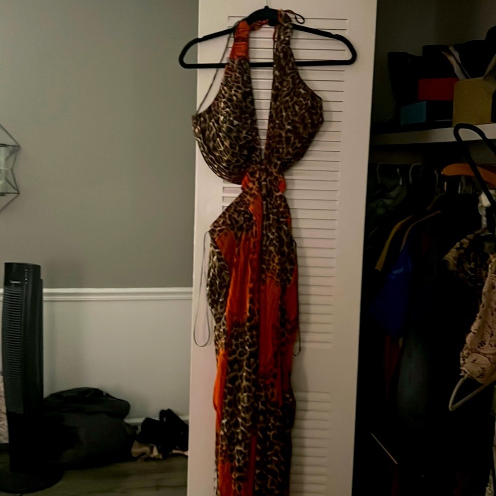 Leopard pants jumpsuit halter top open back red tan black